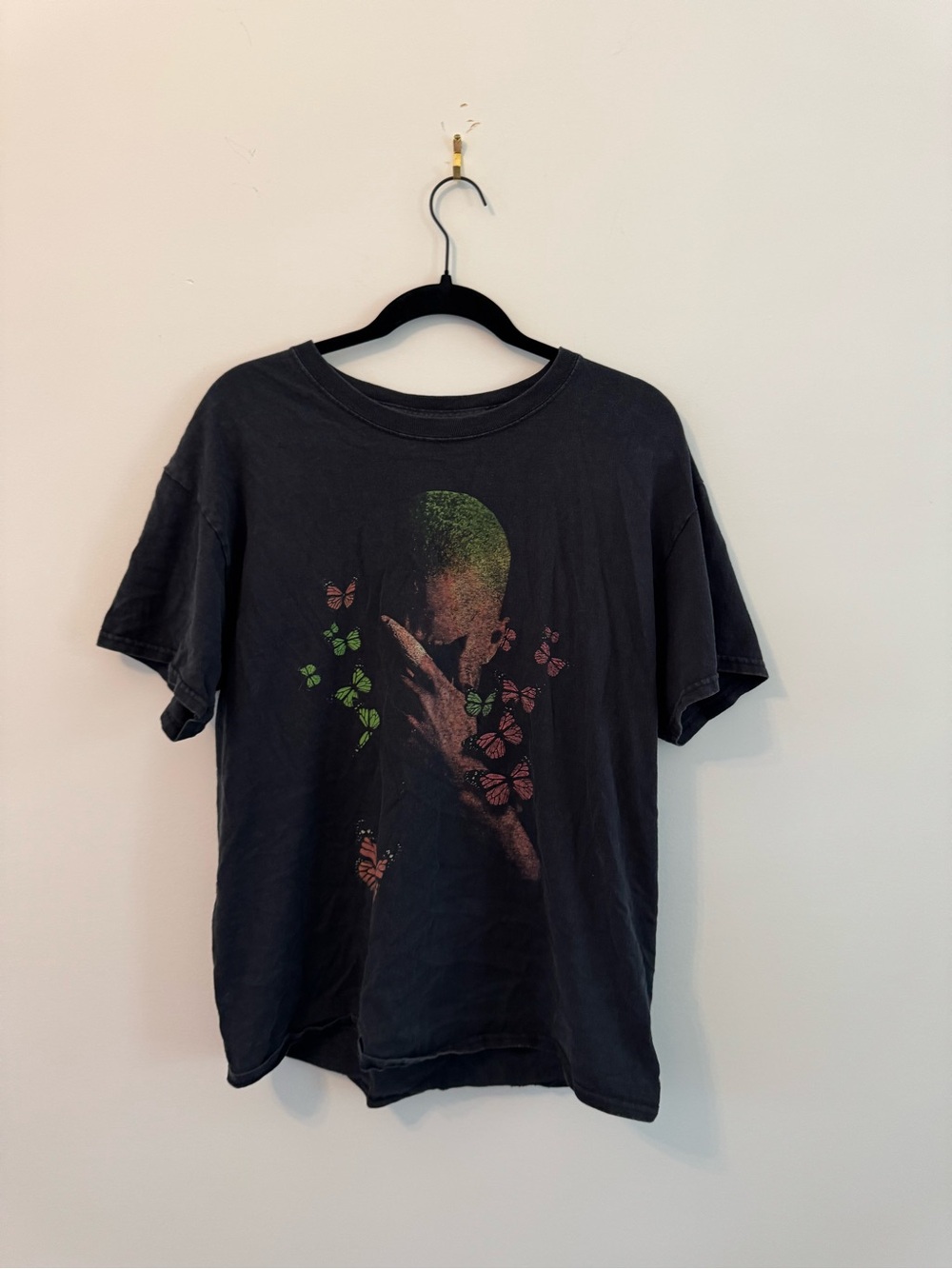 Black Short Sleeve Graphic Tee with Green and Pink Butterfly Print